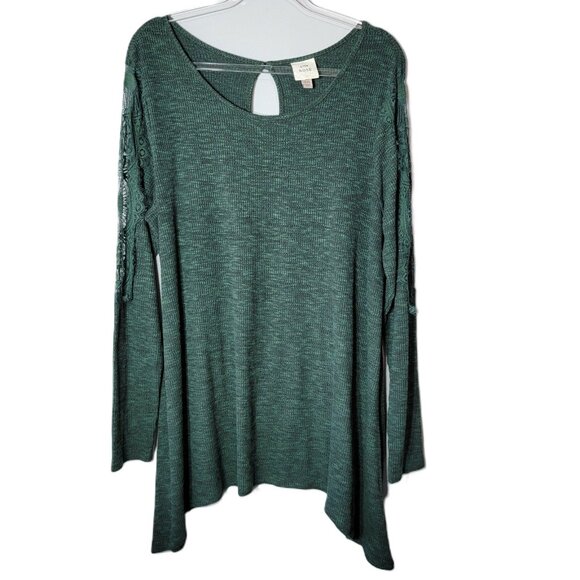 Knox Rose Green Top Plus Size XXL Crochet Lace Long Sleeve Shark Bite Hem Ribbed - Picture 1 of 7